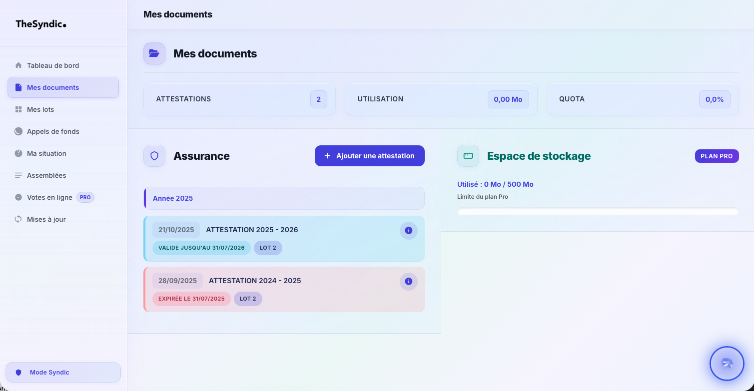 Tableau de bord TheSyndic